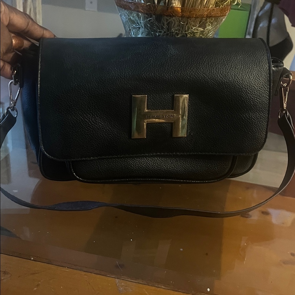 H Halston Black Clutch with Gold Accent
